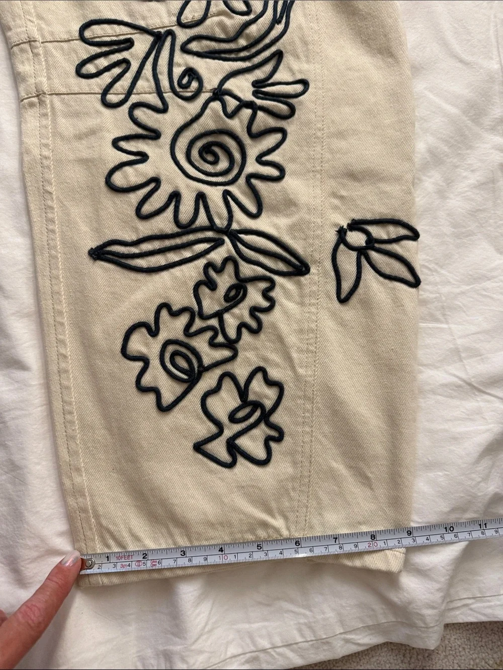 We The Free Cream Jeans with Black Floral Outline Embroidery - Picture 7 of 16